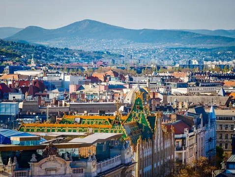 Aerial drone panorama of Budapest Old Town, Hungary. Historic cityscape with Foto stock