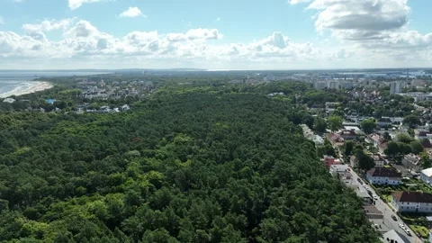 Aerial Drone Panorama of Dense Forest Bordering Coastal Urban Area-s3 Video stock 327856727