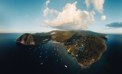 Aerial drone Panorama of Guadeloupe. beach drone sunset view. Harbor bay aerial Stock Photos