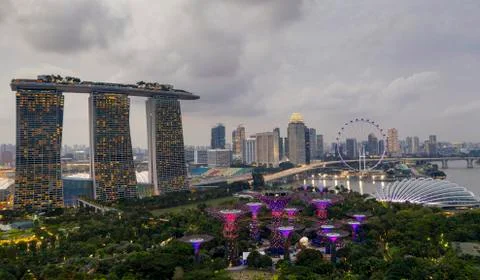 Aerial drone panorama image of the Singapore skyline Stock Photos