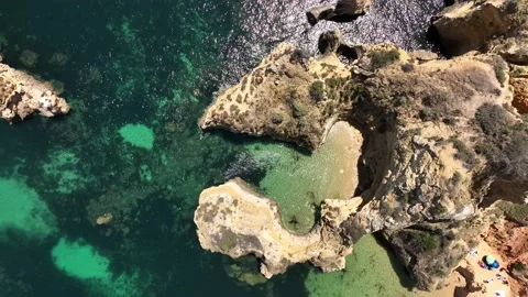 Aerial drone panorama view of idyllic nature landscape rocky cliff boats sailing Stock Footage 201730715