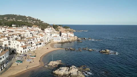 Aerial drone Panoramic Sea view to Spanish Costa Brava coastline, golden hour,4K Stock Footage 274458998