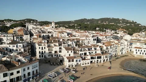 Aerial drone Panoramic Sea view to Calella de Palafrugell, golden hour, 4K Stock Footage 274459084