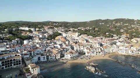 Aerial drone Panoramic Sea view to Spanish town Calella de Palafrugell,4K Stock Footage 274459181