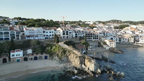 Aerial drone Panoramic Sea view to Spanish touristic destination,white houses,4K Stock Footage 274459228