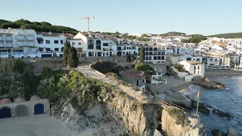 Aerial drone Panoramic Sea view to Spanish town, Calelella de Palafrugell, 4K Stock Footage 274459229