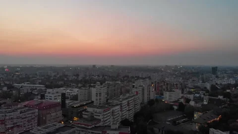 Aerial drone panoramic view of Bucharest city buildings architecture at sunset Stock Footage 131235633