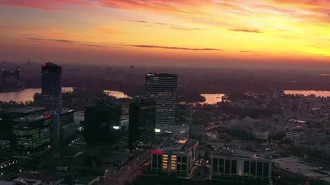 Aerial drone panoramic view of Bucharest city skyline at dusk Stock Footage 145642989