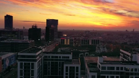 Aerial drone panoramic view of Bucharest city skyline at dusk Stock Footage 145643000