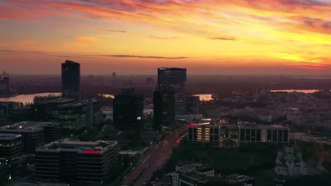 Aerial drone panoramic view of Bucharest city skyline at dusk Stock Footage 145643013