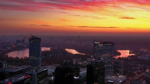 Aerial drone panoramic view of Bucharest city skyline at dusk Stock Footage 145643020