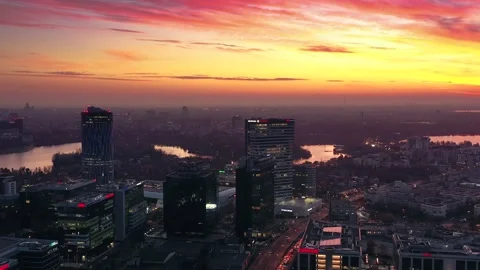 Aerial drone panoramic view of Bucharest city skyline at dusk Stock Footage 145643038