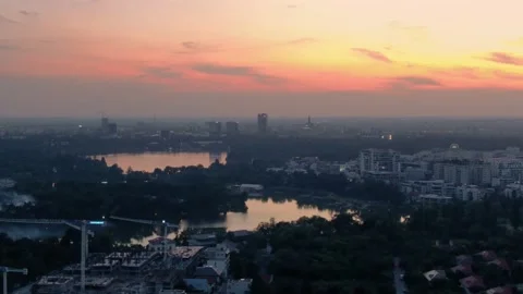 Aerial Drone Panoramic View Of Bucharest  Skyline Business District At Sunset 스톡 동영상 158251416