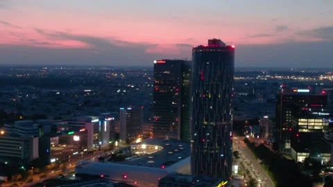 Aerial Drone Panoramic View Of Bucharest City Skyline Business District At Dusk Stock Footage 158251469