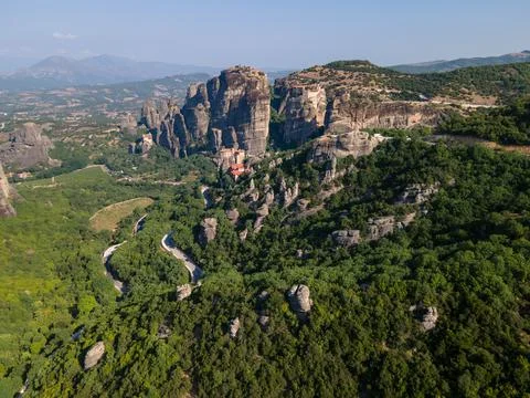 Aerial drone panoramic view of deep gorge and rocky ridge leading to legendar Foto stock
