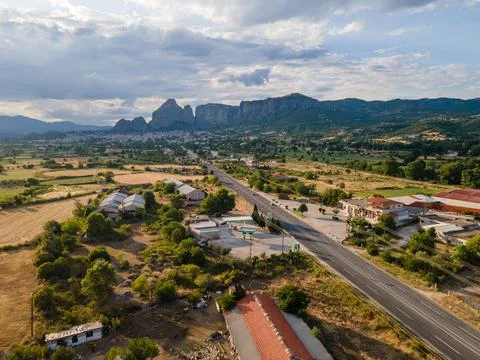 Aerial drone panoramic view of deep gorge and rocky ridge leading to legendar Foto stock