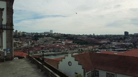 Aerial Drone Panoramic View - Douro River, Traditional Houses in Ribeira Dist Video stock 152819646