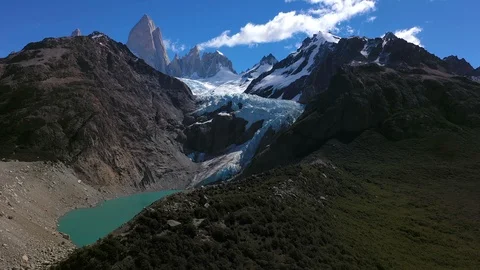 Aerial drone panoramic view of Mount Fitz Roy with the glacier and rocks in the Stock Footage 105875449