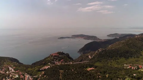 Aerial drone panoramic view over French Riviera and mountain highway Stock Footage 131222664