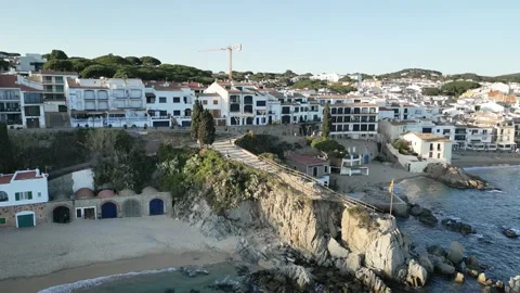 Aerial drone Panoramic view, Spanish town Calella de Palafrugell,white houses,4K Stock Footage 274459230