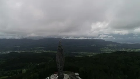Aerial drone panoramic view of Tower Pyramidenkogel lake Worthersee Austria Stock Footage 131222777