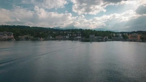  Aerial drone panoramic view in Velden Am Worthersee lake , Austria mounta Stock Footage 131222962