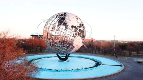 Aerial Drone pedestal of Unisphere Globe NYC Stock Footage 104566341