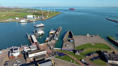 An aerial drone perspective captures the bustling port terminal in Vlissingen Video stock 335316297