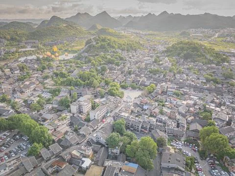 Aerial drone picture of the Qingyan Ancient Town, Guizhou province, China Stock Photos