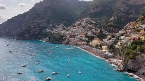 Aerial Drone Positano Beach Buildings Dramatic Mountain Amalfi Coast Italy Stock Footage 337889341