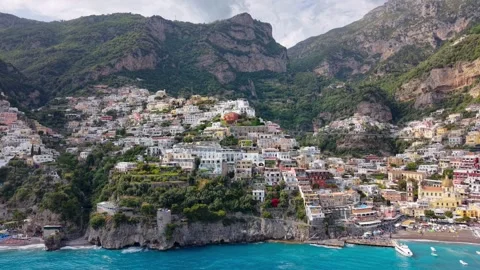 Aerial Drone Positano Medieval Tower Cliffside Beach Blue Sea Amalfi Italy 스톡 동영상 337889609