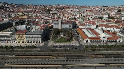 Aerial drone pull away from Dom Luis Garden in the Baixa District of Lisbon Stock Footage 236921792