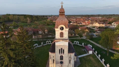 Aerial Drone Pull Back from Church Tower Revealing Village Video stock 332986920