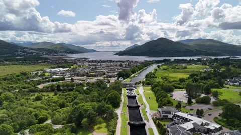 Aerial Drone Pull-back Over Neptune's Staircase Canal Locks Stock Footage 331348899