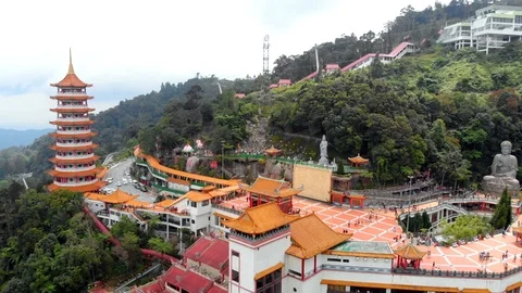 Aerial drone pull back shot of Chinese temple in the mountains Stock Footage 91119902