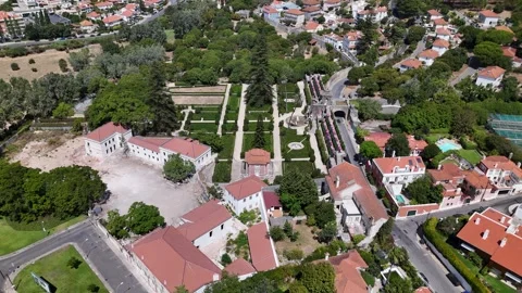 Aerial drone pull back view of Quinta Real de Caxias in Caxias, Lisbon, Portugal Stock Footage 315887147