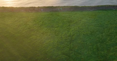 Aerial drone pullback above Cliffs of Moher trail with tourists at golden Stock Footage 339504636