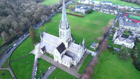 Aerial Drone Pullback Revealing Cathedral in Killarney Town, Ireland Stock Footage 301407969