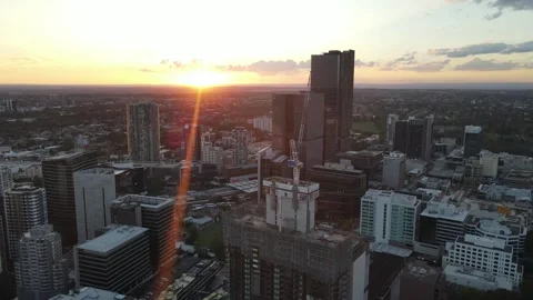 Aerial drone pullback reverse view above Parramatta cbd in Sydney, NSW Australia Vídeo Stock 259907247