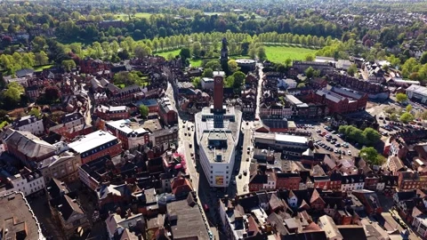 Aerial Drone Pullback from Shrewsbury Town Centre Clock Tower Revealing Video stock 334136498