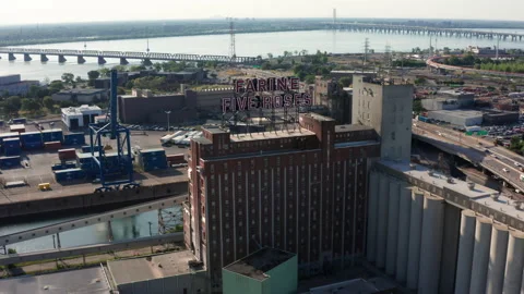 Aerial Drone Push In of Farine Five Roses Sign in Downtown Montreal Stock Footage 156046165