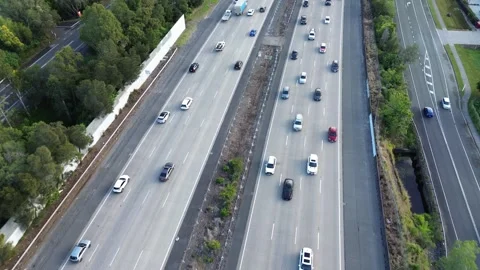 Aerial Drone Push Over Multi Lane Freeway Traffic Stock Footage 334904392