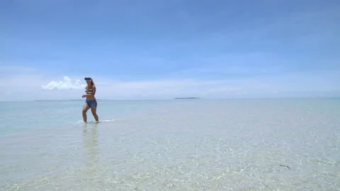 Aerial drone quad copter: Young tourist woman wearing virtual reality headset wa 動画素材 199624038