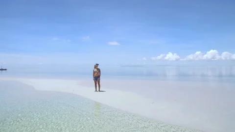 Aerial drone quad copter: Young tourist woman wearing virtual reality headset wa Stockbeeldmateriaal 199624056