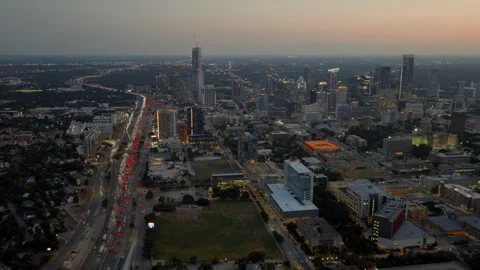 Aerial Drone Reveals Darrell K Royal Stadium UT Austin at Dusk Stock Footage 334252295