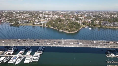 Aerial drone reverse view of Anzac Bridge in Rozelle, Sydney NSW 스톡 동영상 247801027