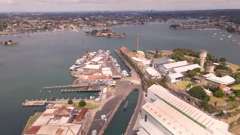 Aerial drone reverse view of Cockatoo Island on Parramatta River in Sydney, NSW Video stock 226540958