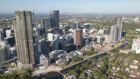 Aerial drone reverse view of Parramatta CBD in Greater Western Sydney, NSW Stock-Footage 225197430