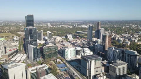Aerial drone reverse view of Parramatta CBD in Greater Western Sydney, NSW Stock Footage 225219381