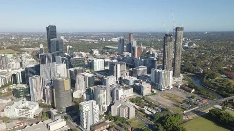 Aerial drone reverse view of Parramatta CBD in Greater Western Sydney, NSW Stock Footage 225221642